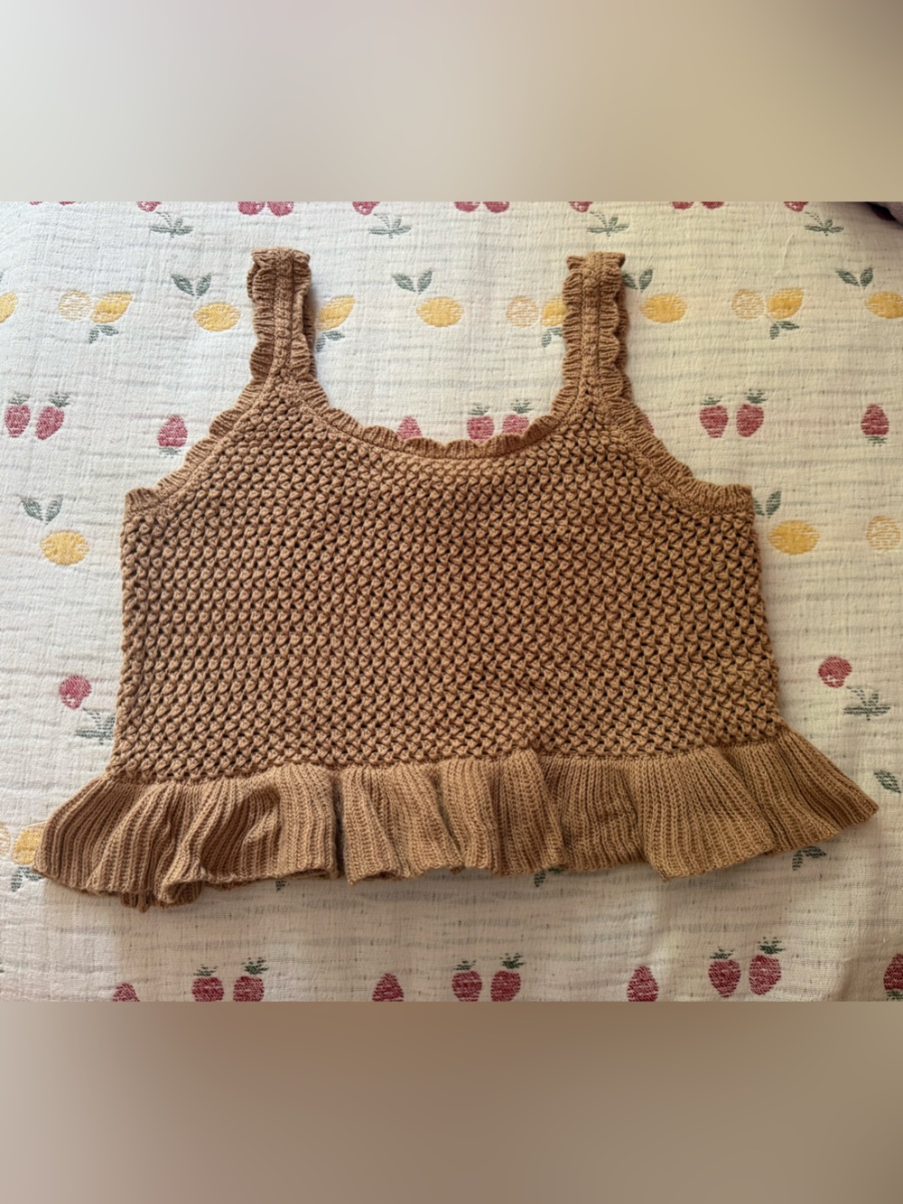 American Eagle Crotchet Peplum Cropped Tank Top- Tan Sleeveless Knit Ruffle-Hem